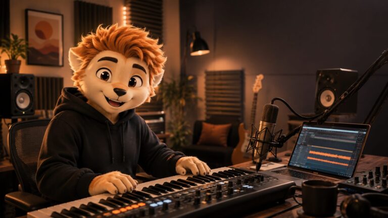 Persona ficcional de IA musicista (Aikan Sonorus) num estudio de produção com teclado MIDI, microfone, monitores e DAW